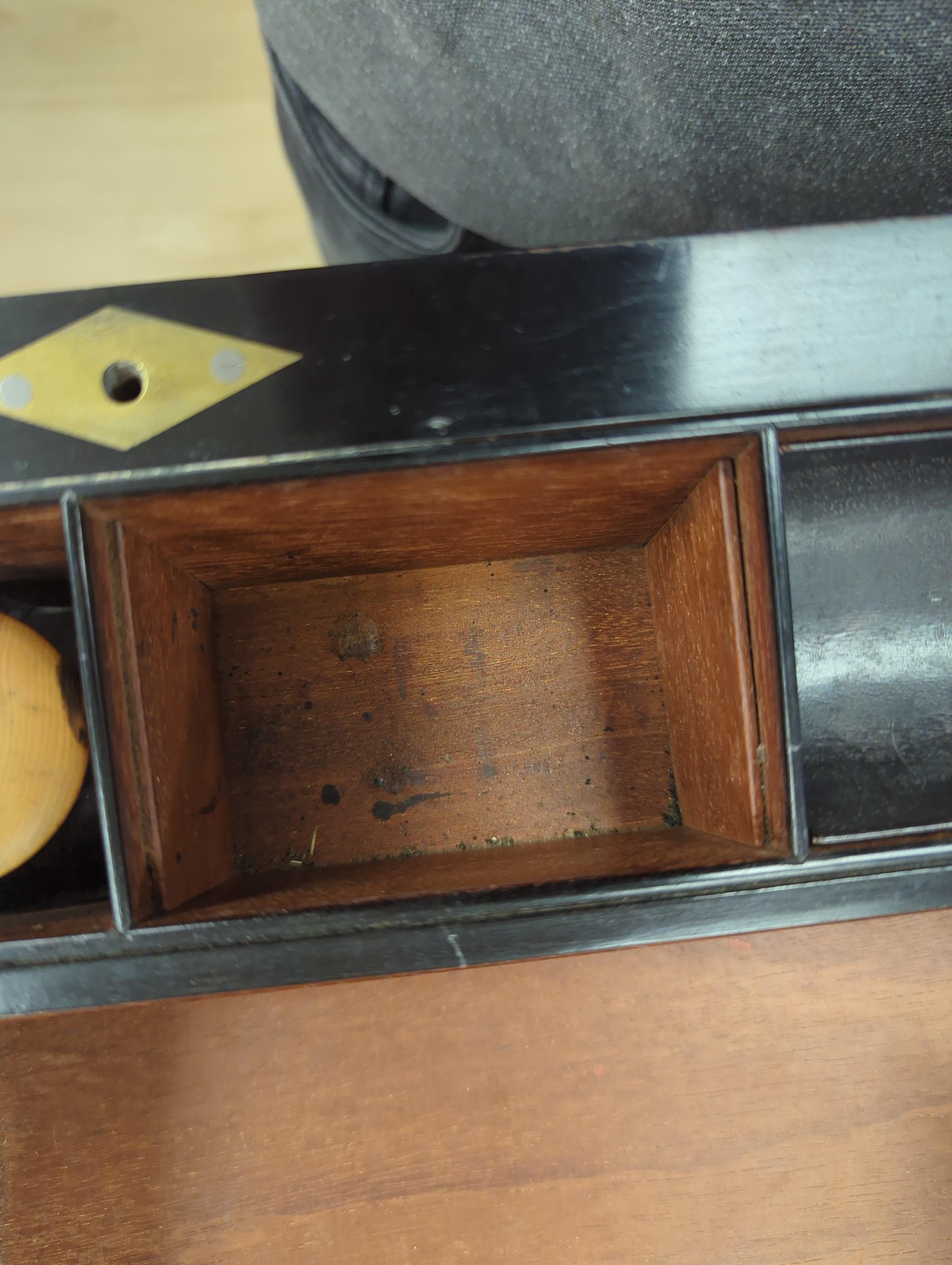 A George III mahogany, ebony and brass-mounted ship's writing box by Wells & Co., screw fixings to each side with original key, 50.5cm x 30cm x 19.5cm